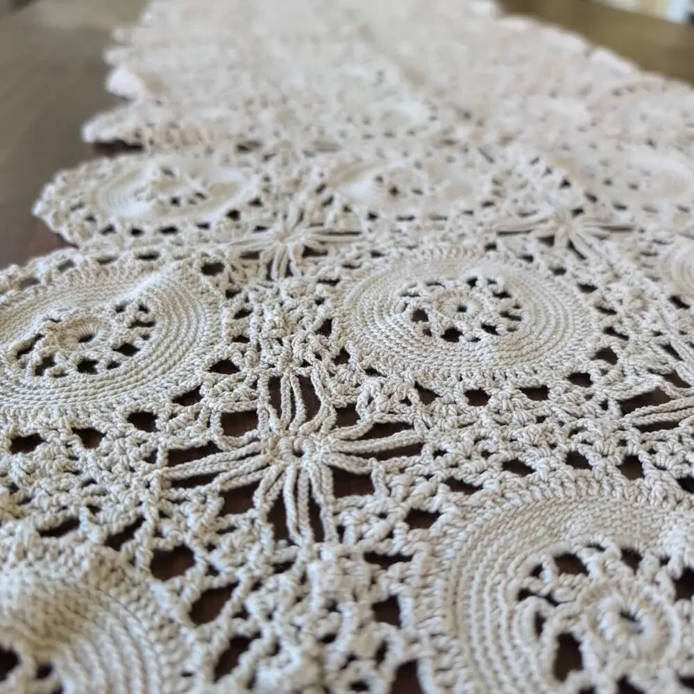 Vintage Handmade Crocheted Cotton Table Runner - Dresser Scarf, 19